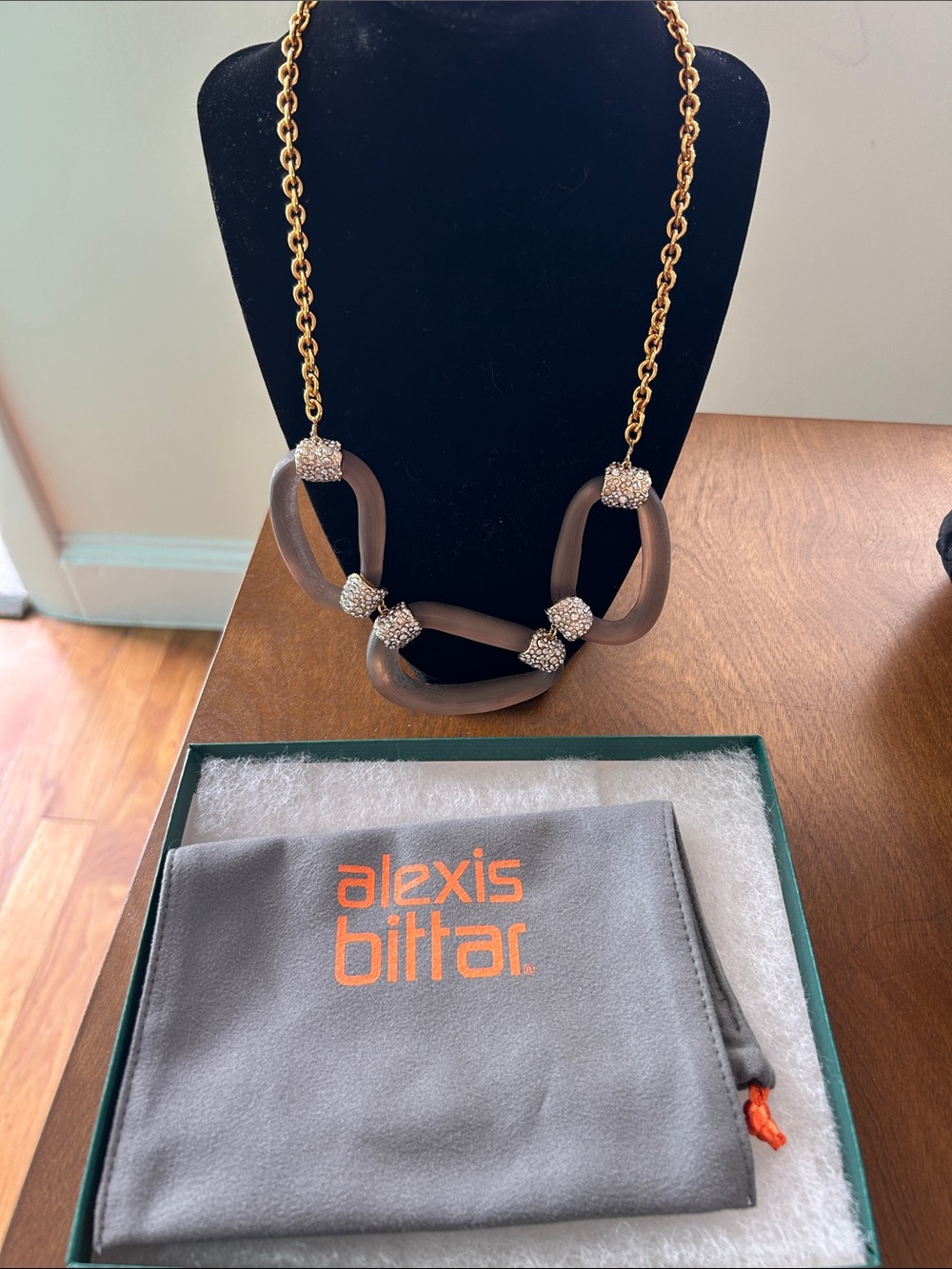 Alexis Bittar Gold Chain Necklace with Brown Resin Links and Crystal Accents